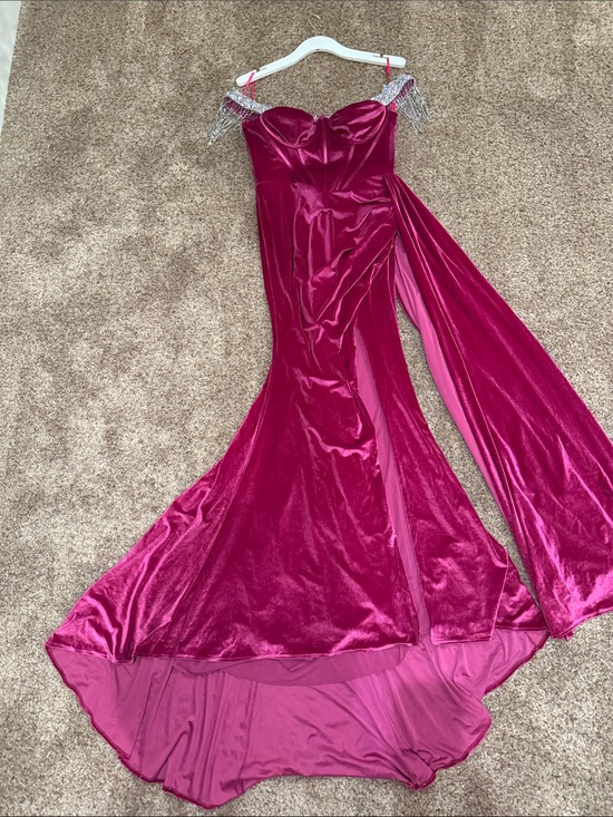 Portia and Scarlett Dresses & Skirts - Portia and Scarlett Off-Shoulder Fuchsia Velvet Evening Gown with Beaded Fringe